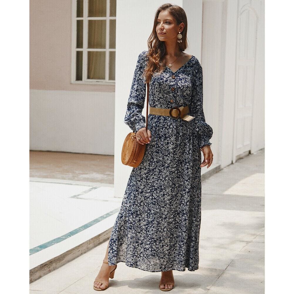flowersverse Women Ladies Long Lantern Sleeve Autumn Dress Floral Autumn Pre-fall Holiday Buttons Maxi Dress