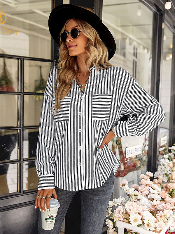 flowersverse Casual Loose Striped V-Neck T-Shirt