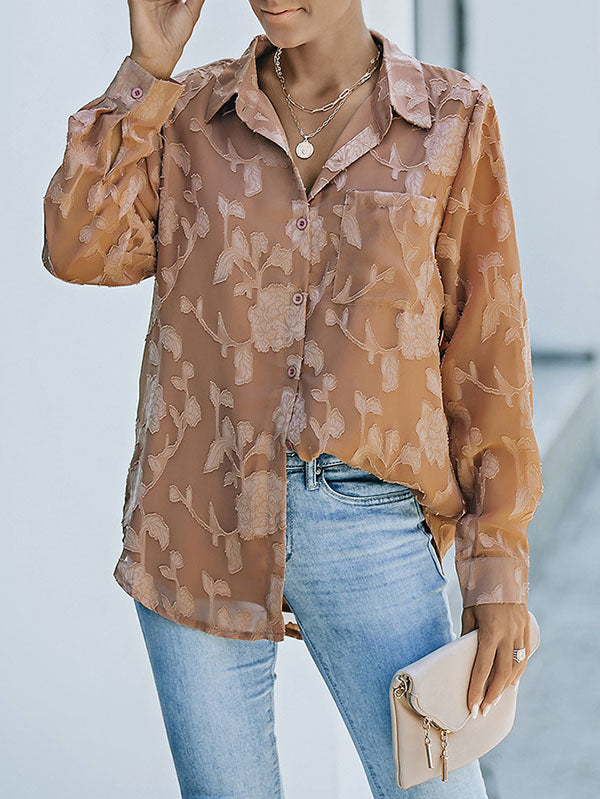 flowersverse Jacquard See-Through Solid Color Long Sleeves Lapel Blouses&Shirts Tops