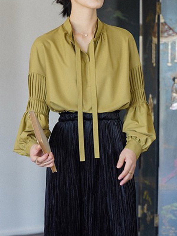 flowersverse Pleated Solid Color Tied Long Sleeves Loose Mock Neck Blouses&shirts Tops