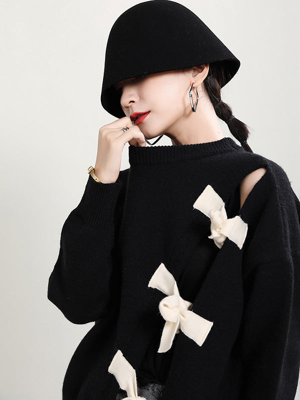 flowersverse Stylish Bowknot Round-Neck Knitting Sweater