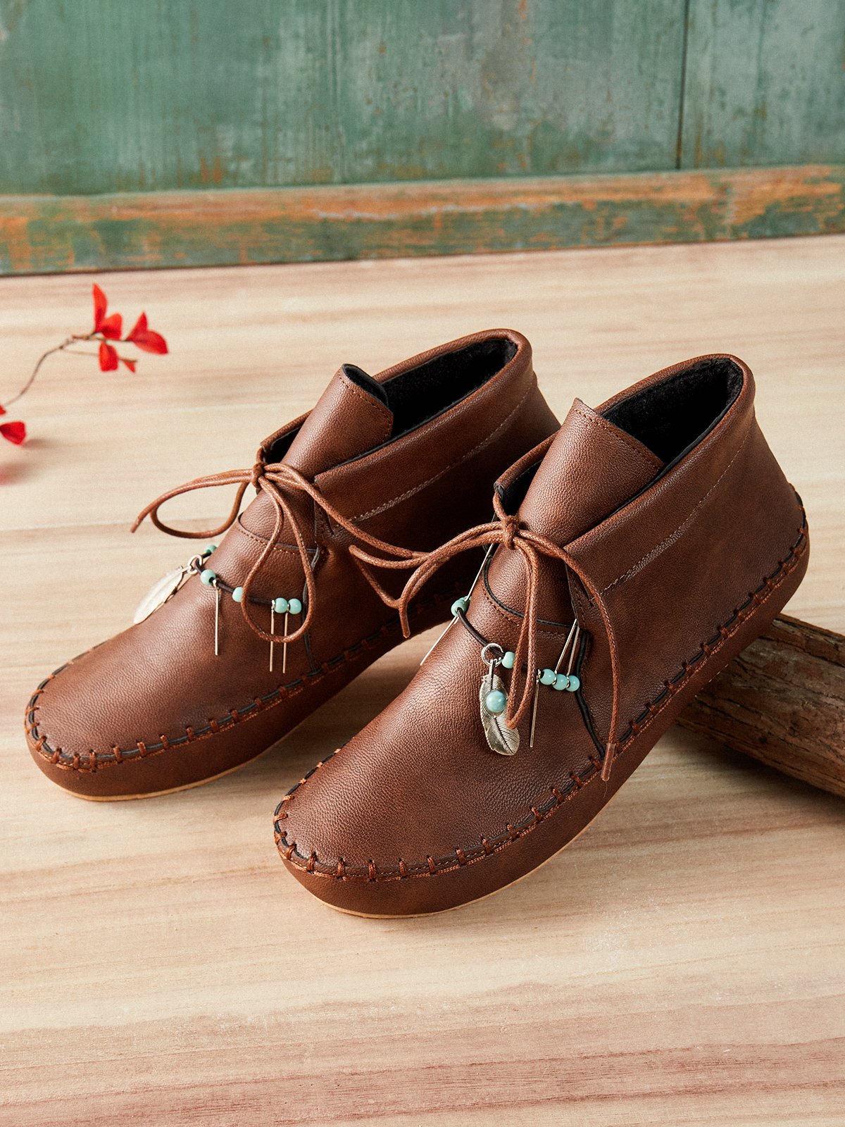 flowersverse Camel All Season Cowhide Leather Flat Heel Daily Ankle Boots