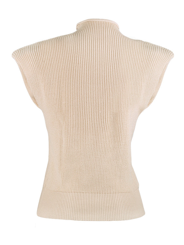 flowersverse Casual Cap Sleeve Solid Color High-Neck Sweater Tops Pullovers