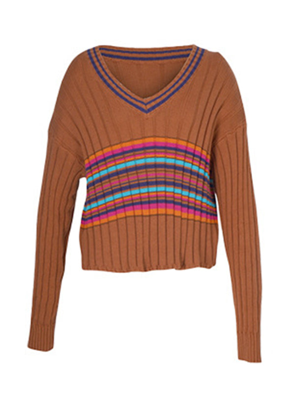 flowersverse Casual Long Sleeves Striped V-Neck Sweater Tops