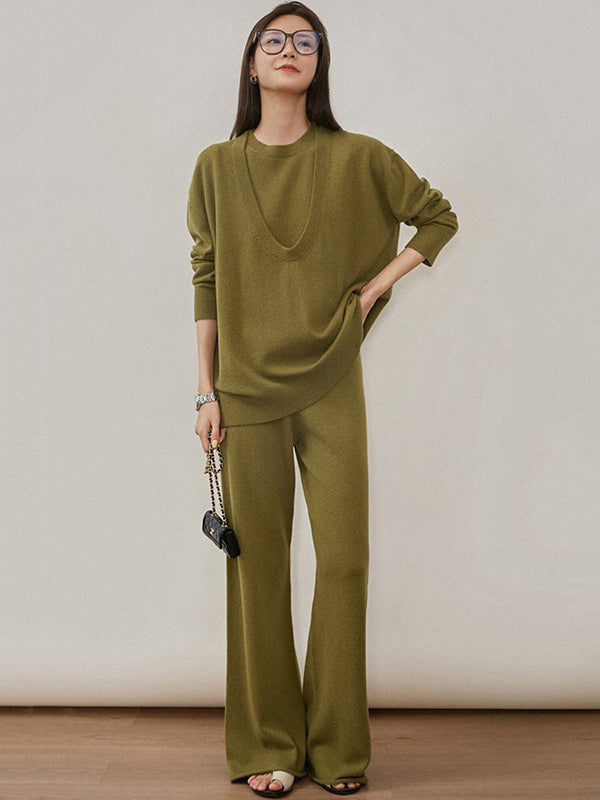 flowersverse Urban Loose Solid Round-Neck Vest Top& V-Neck Sweater Tops& Wide Leg Pants Three-Piece Set