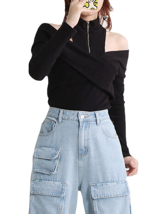 flowersverse Hollow Split-Joint Zipper Long Sleeves Skinny High-Neck Sweater Tops Pullovers