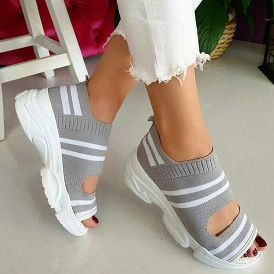 flowersverse Fashionkova New Women Sandals High Heels Platform Women Shoes Summer Female Flats Knitting Slip On Peep Toe Casual Women Sandals