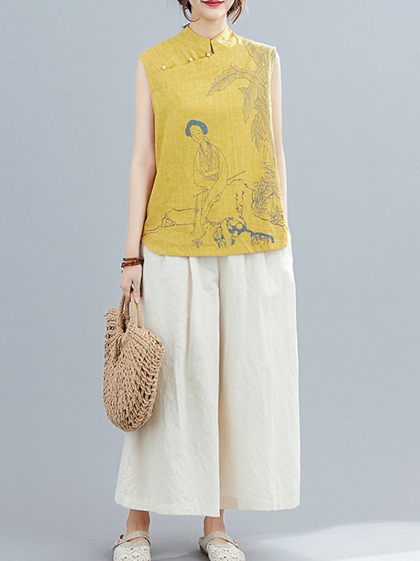 flowersverse Artistic Retro Chinese-Style Printed Buttoned Stand Collar Sleeveless Vest