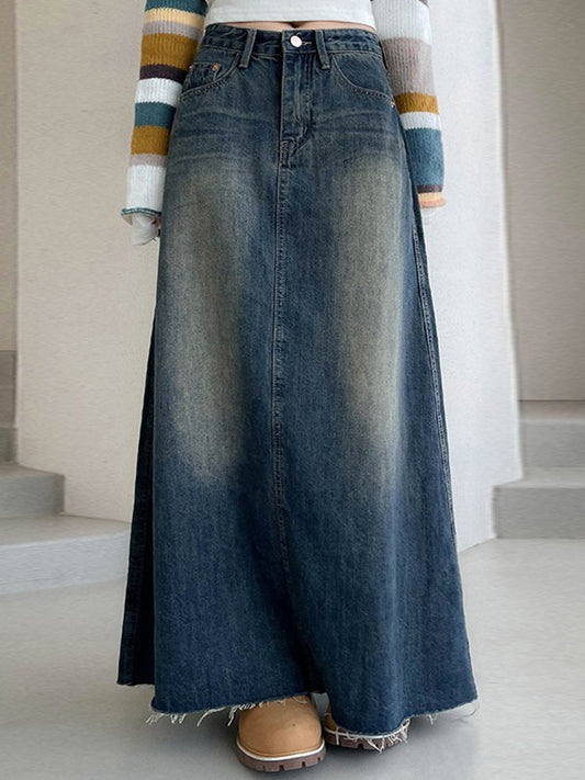 flowersverse Washed Vintage Long Denim Skirt