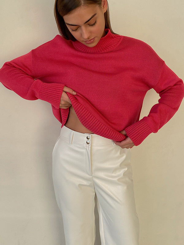 flowersverse Casual Long Sleeves Loose Solid Color High-Neck Sweater Tops