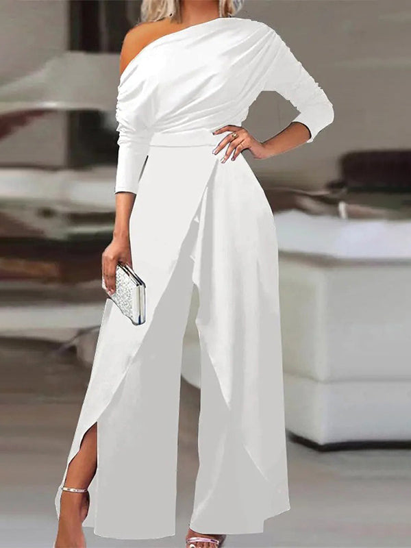 flowersverse Solid Color One-Shoulder Long Sleeves T-Shirt + High-Waisted Wide Leg Pants Trousers Two Pieces Set