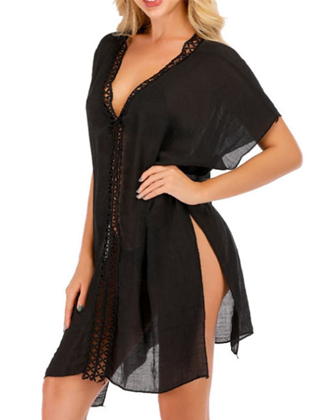 flowersverse Women's Swimwear Cover Up Beach Dress Normal Swimsuit Hole Pure Color White Black V Wire Bathing Suits New Vacation Fashion / Sexy / Modern