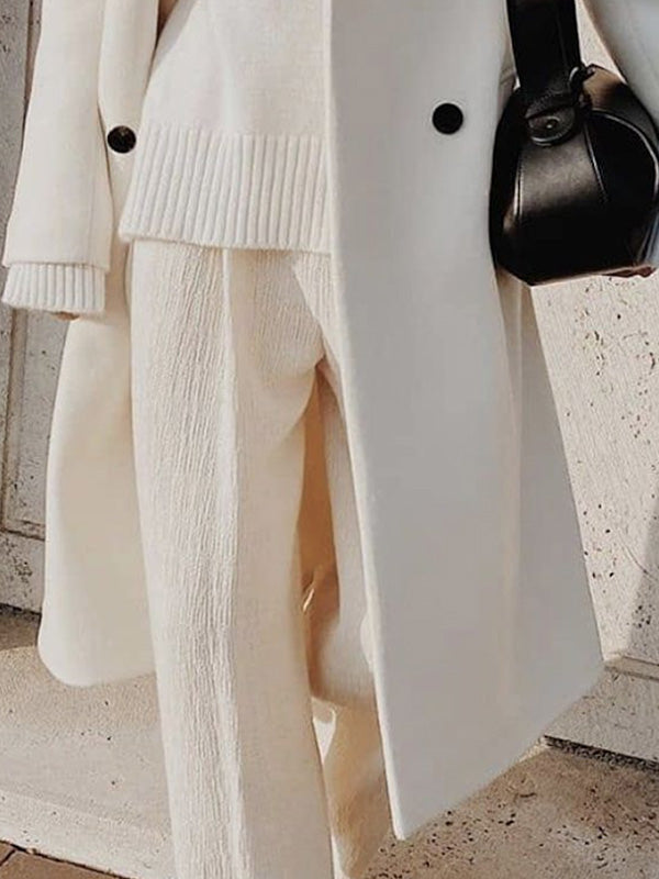 flowersverse Buttoned Solid Color Long Sleeves Loose Notched Collar Woolen Coat