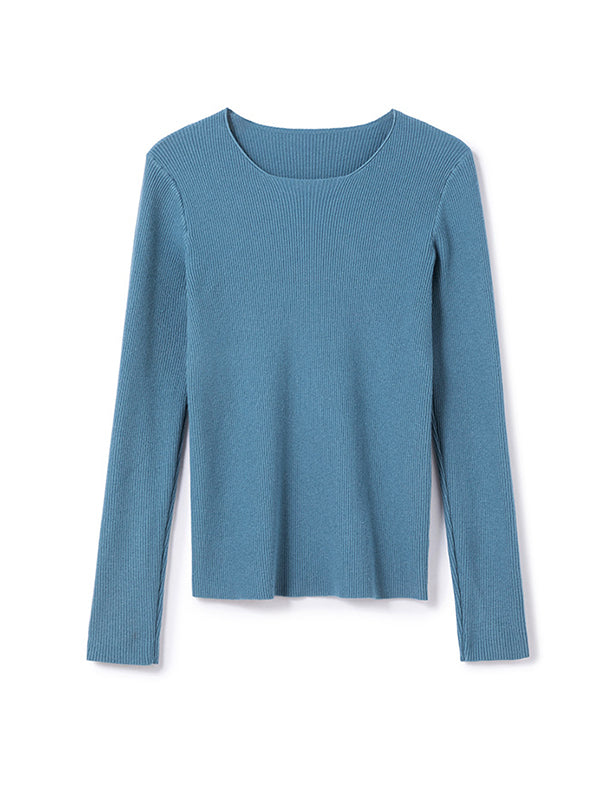 flowersverse Solid Color Long Sleeves Skinny Round-Neck Sweater Tops Pullovers Knitwear