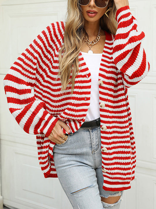flowersverse Casual Loose Long Sleeves Striped V-Neck Cardigan Tops