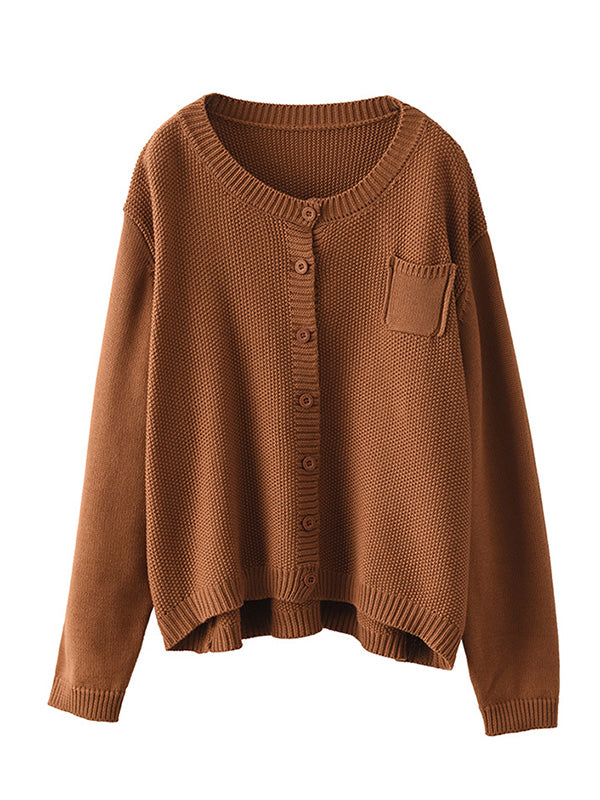 flowersverse Simple Loose Long Sleeves Buttoned Solid Color Round-Neck Cardigan Tops