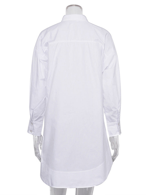 flowersverse Leisure Fashion Loose Long Sleeves Solid Color Lapel Collar Shirt Dresses
