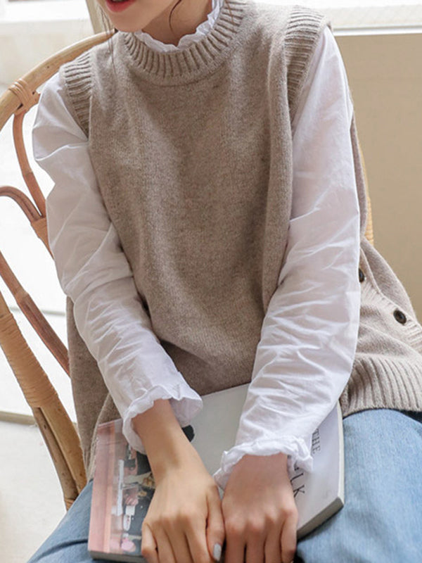 flowersverse Simple Sleeveless Loose Buttoned Solid Color Round-Neck Sweater Vest Outerwear