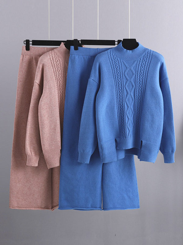 flowersverse Urban Loose Split-Side Half Turtleneck Sweater Tops& Wide Leg Pants Two Pieces Set
