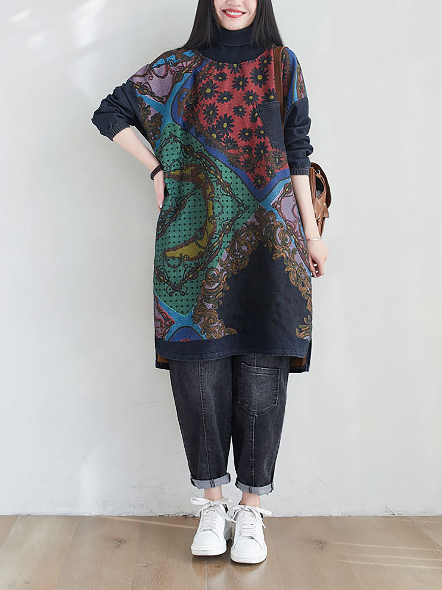 flowersverse Women Fashion Spliced Plaid Winter Fleece-lined Dress
