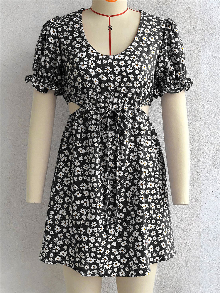 flowersverse Women Spring Summer Puff Sleeve Show Waist Print Dress Ladies Sexy Floral Short Sundress