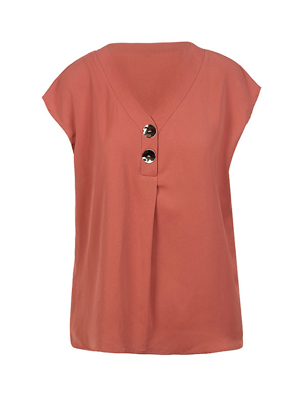 flowersverse Buttoned Solid Color Cap Sleeve Loose V-Neck Blouses&Shirts Tops