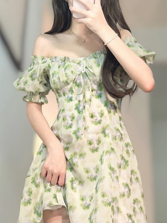 flowersverse Off-the-shoulder Bubble Sleeve Floral Dress
