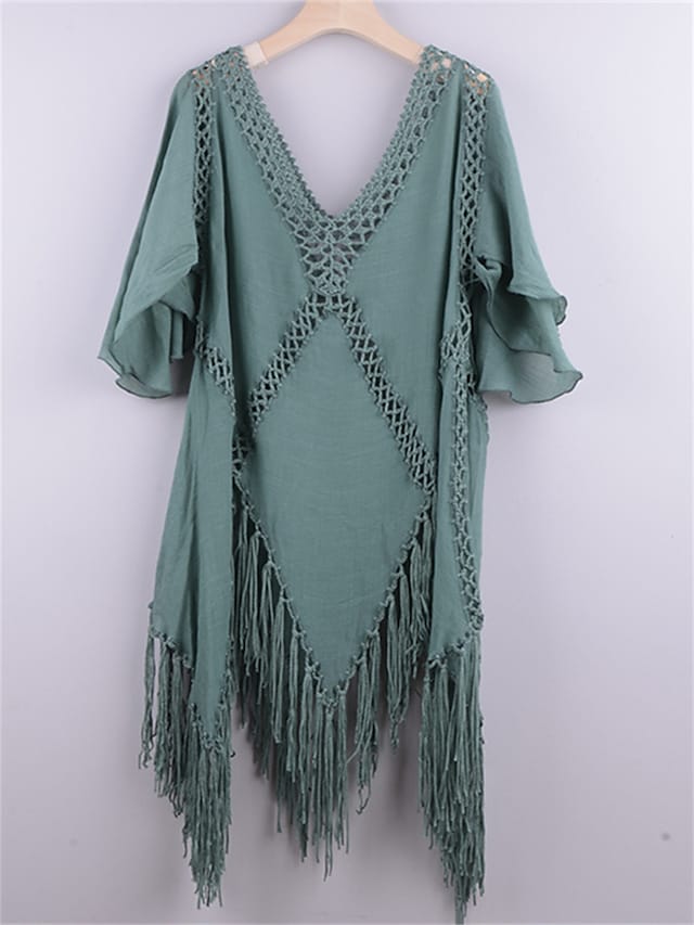 flowersverse Women's Cover Up Beach Dress Beach Wear Mini Dress Tassel Fringe Hollow Out Hot Casual Solid Color Deep V Short Sleeve Slim Vacation Going out Black Blue Fall One Size
