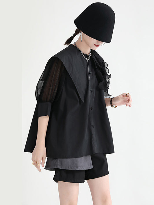 flowersverse Stylish Asymmetric Split-Joint Falbala With Belted Half Sleeves Blouses