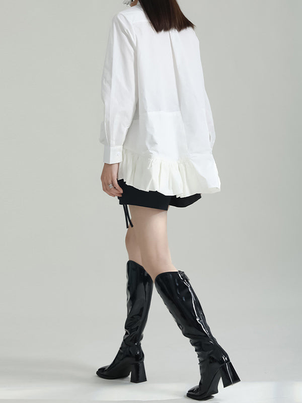 flowersverse Asymmetric Solid Color Cropped Long Sleeves Lapel Blouses&shirts Tops