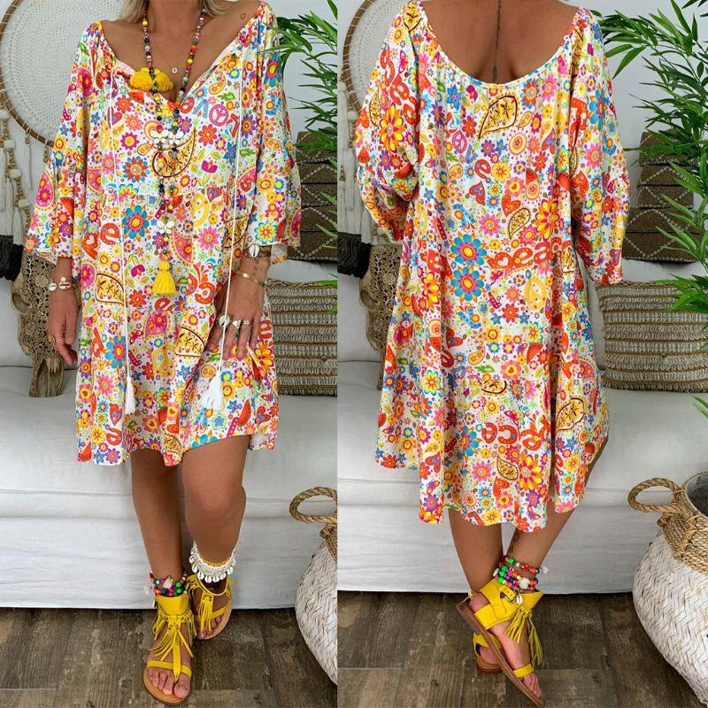 flowersverse Summer Women Boho Floral Long Sleeve Dress Holiday Beach Shirt Dress Ladies Print Mini Dress Plus Size