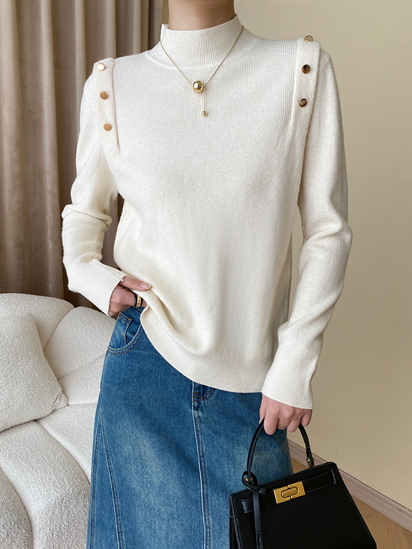 flowersverse Buttoned Split-Joint Long Sleeves High-Neck Sweater Tops