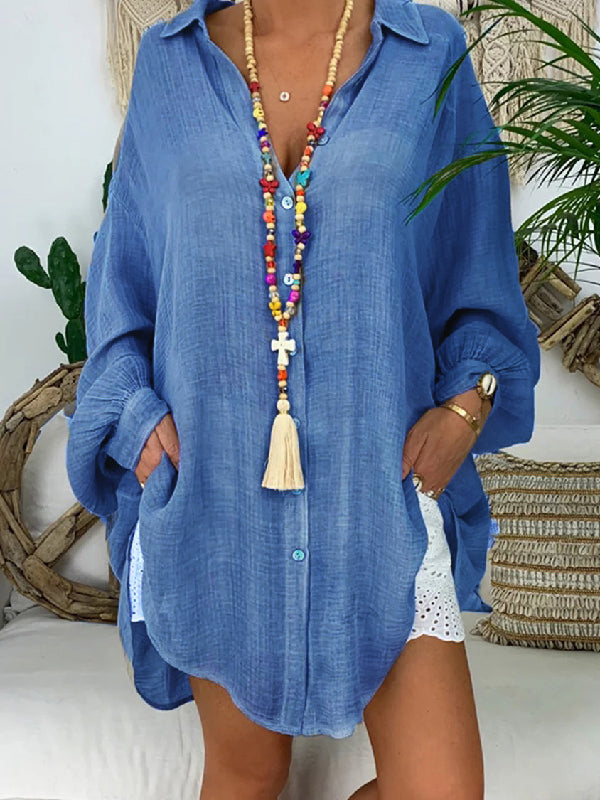flowersverse Vintage Long Sleeves Buttoned See-Through Solid Color Lapel Blouses&Shirts Tops
