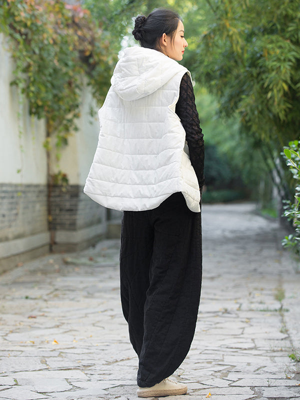 flowersverse Simple Sleeveless Loose Keep Warm Cotton Quilted Solid Color Hooded Vest Outerwear