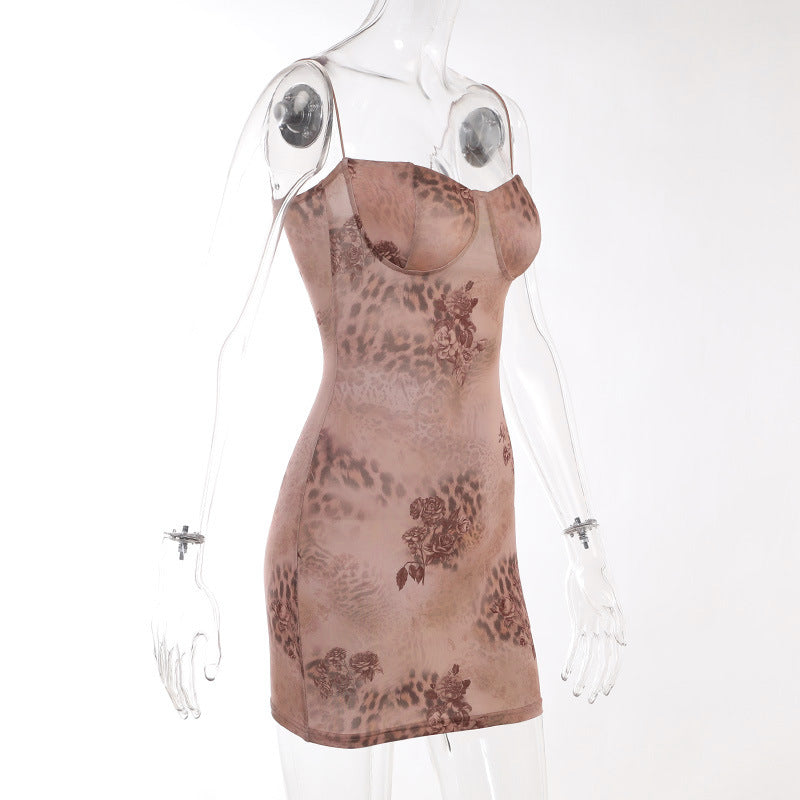 flowersverse Straps Mesh Print Slim Sexy Bodycon Dress