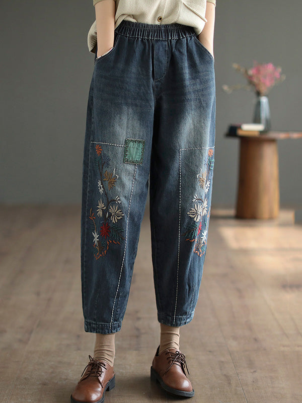 flowersverse Vintage Loose Embroidered Elasticity Harem Jean Pants Bottoms