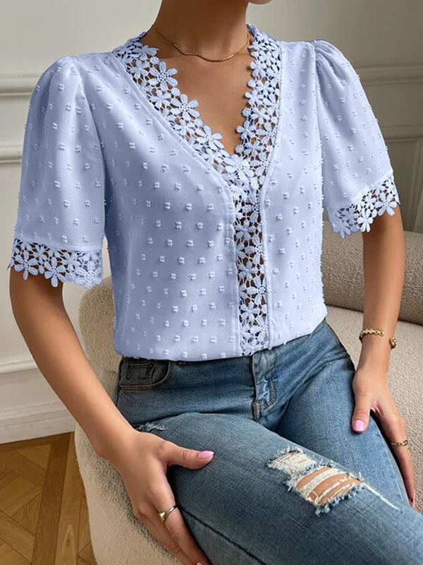 flowersverse Applique Solid Color Loose Short Sleeves V-neck Blouses&shirts Tops
