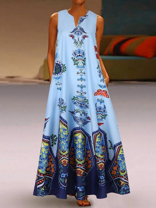 flowersverse Women's A-Line Dress Maxi Long Dress - Sleeveless Pocket Print Spring & Summer V Neck Hot Casual Boho Holiday White Black Blue Yellow Light Blue White Dresses