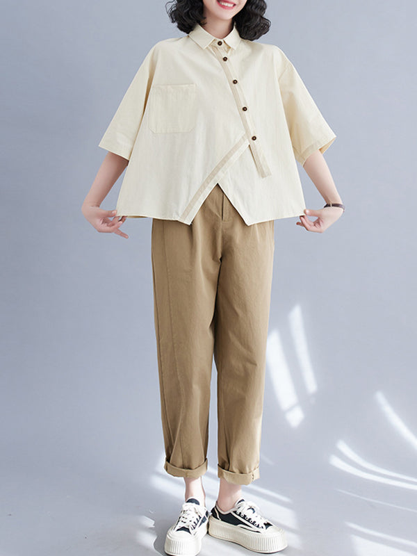 flowersverse Half Sleeves Irregular clipping Lapel Blouses&shirts Tops
