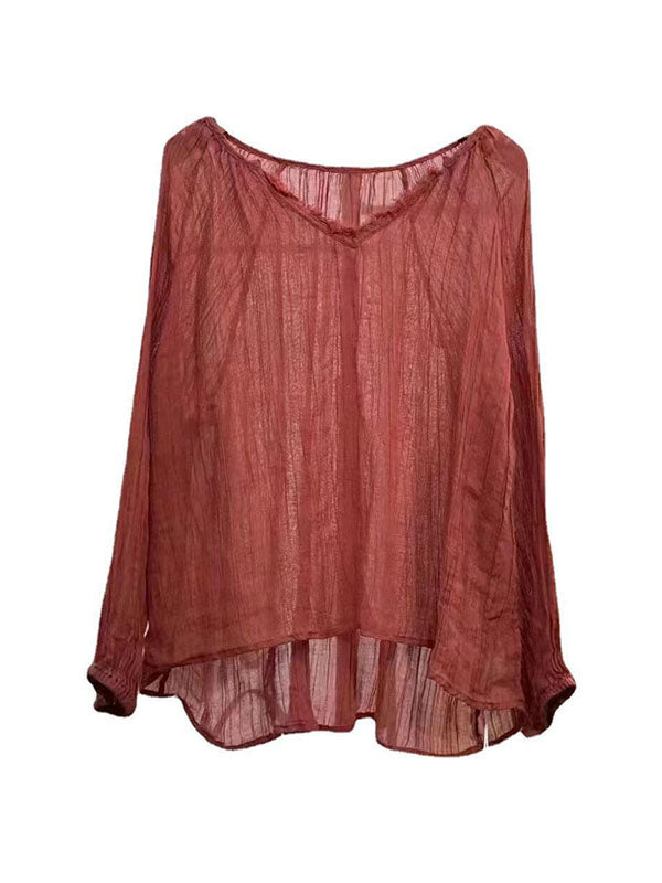 flowersverse Pleated Solid Color Long Sleeves Loose V-neck Blouses&shirts Tops