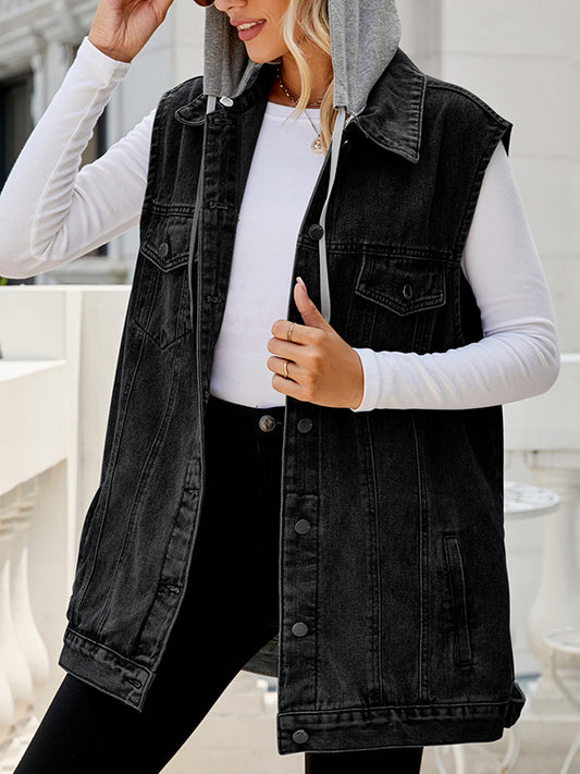 flowersverse Buttoned Detachable Drawstring Hooded Pockets Split-Joint Loose Sleeveless Polo Vest Outerwear