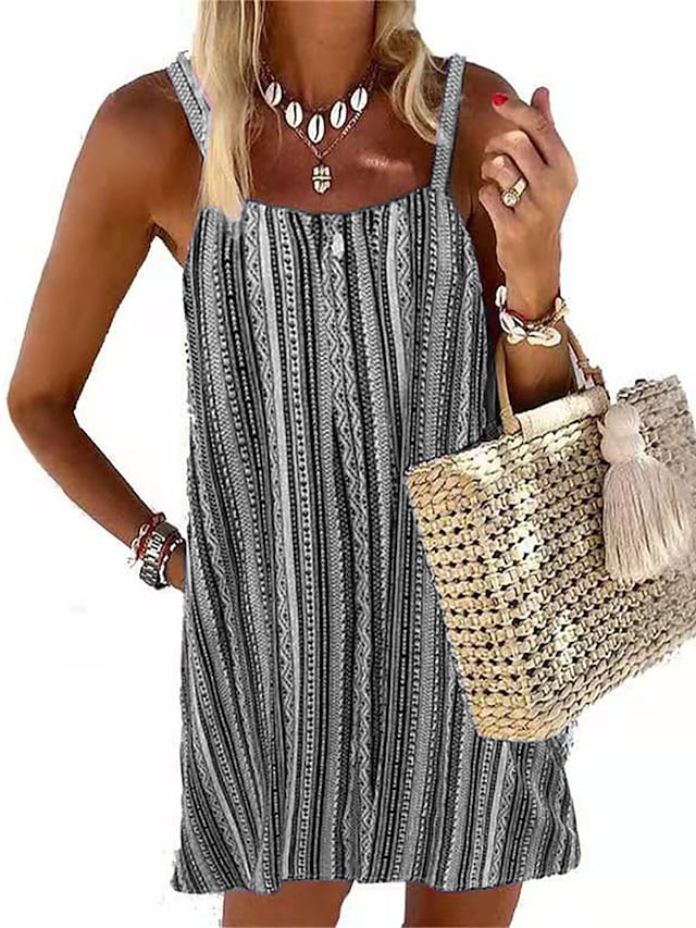 flowersverse Women's Casual Dress Shift Dress Tank Dress Stripe Pocket Print Square Neck Mini Dress Fashion Streetwear Outdoor Daily Sleeveless Loose Fit Blue Purple Brown Spring Summer S M L XL XXL