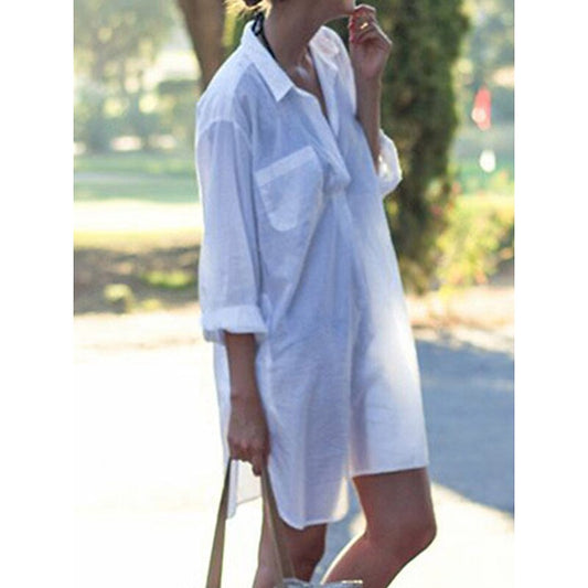 flowersverse Women's Cover Up Beach Dress Beach Wear Mini Dress Button Pocket Basic Casual Plain Stand Collar Long Sleeve Loose Fit Outdoor Daily Black White Fall Spring One Size
