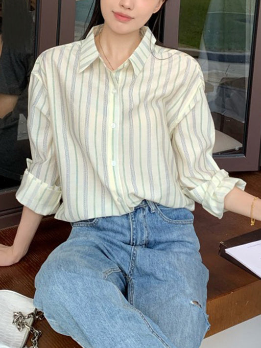 flowersverse Buttoned Striped Long Sleeves Loose Lapel Blouses&Shirts Tops