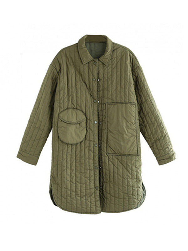 flowersverse Asymmetric Buttoned Pockets Quilted Solid Color Split-side Long Sleeves Loose Lapel Padded Coat