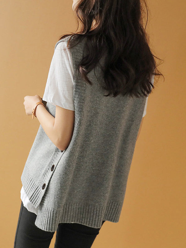 flowersverse Simple Sleeveless Loose Buttoned Solid Color Round-Neck Sweater Vest Outerwear