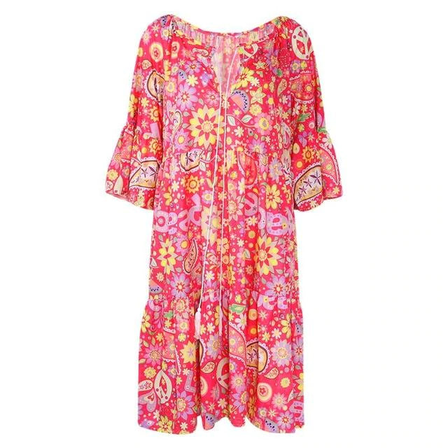 flowersverse Summer Women Boho Floral Long Sleeve Dress Holiday Beach Shirt Dress Ladies Print Mini Dress Plus Size