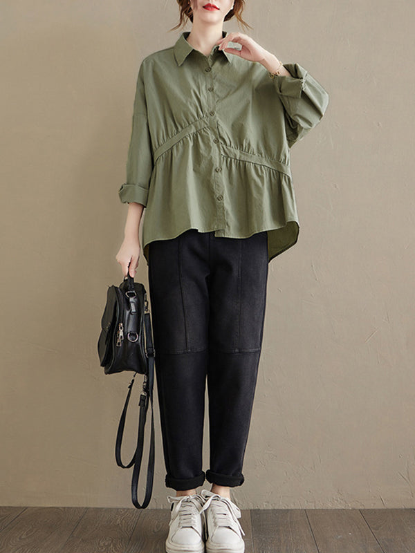 flowersverse Casual Loose 3 Colors Buttoned Lapel Collar Long Sleeves Blouse