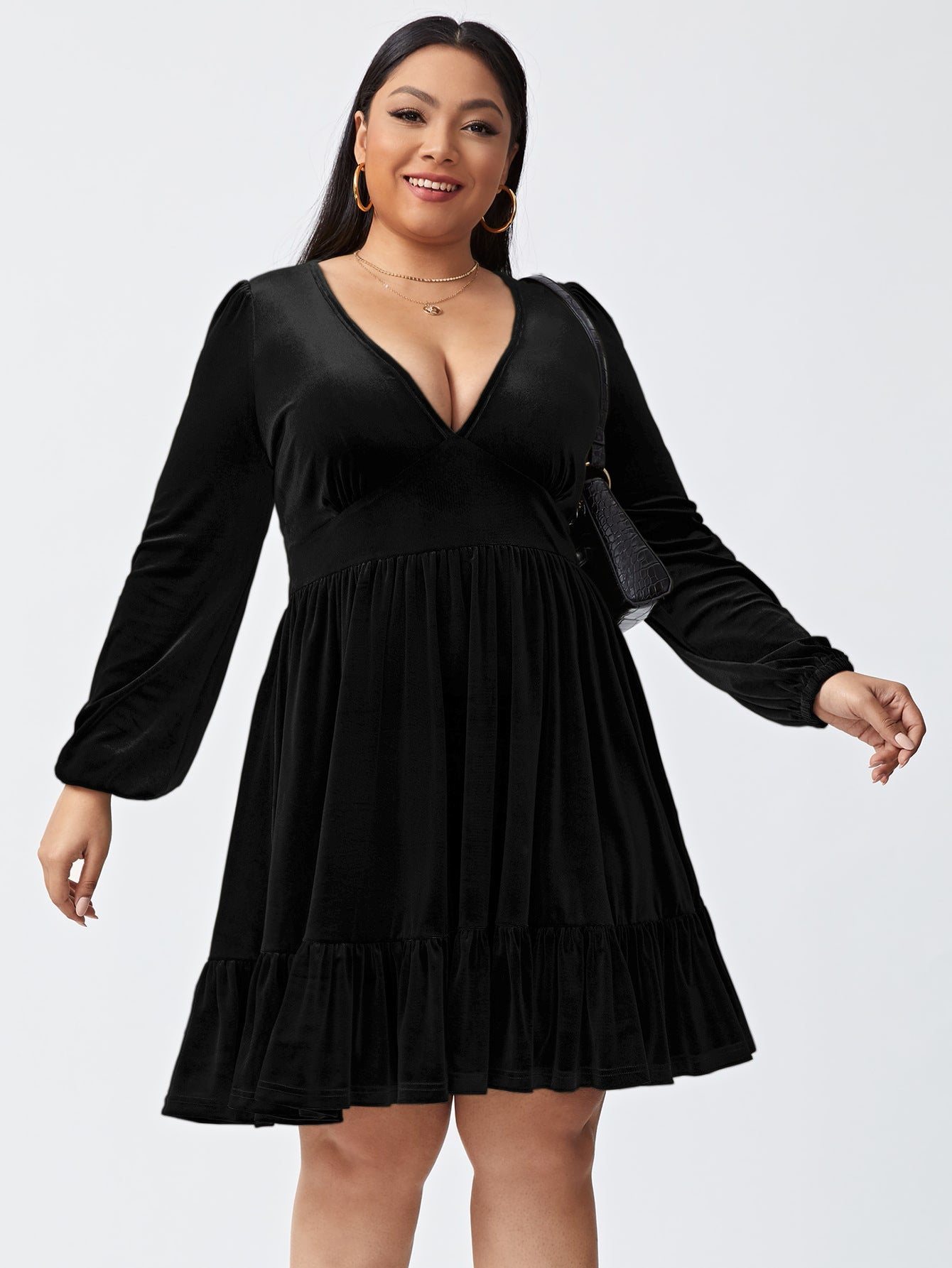 flowersverse Plus Size Short Skirt Women's V-neck Waist-controlled Slimming Long Sleeve Sexy Dress