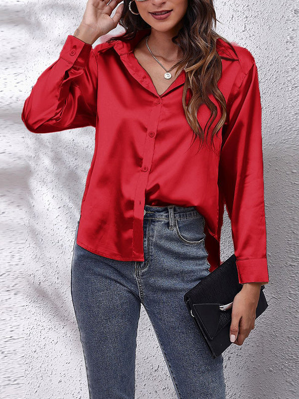flowersverse Solid Color Long Sleeves Loose Lapel Blouses&Shirts Tops